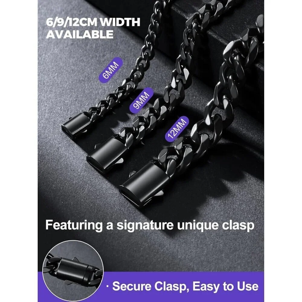 Men's 9MM Width-Black Stainless Steel Miami Cuban Curb Link Chain Necklace